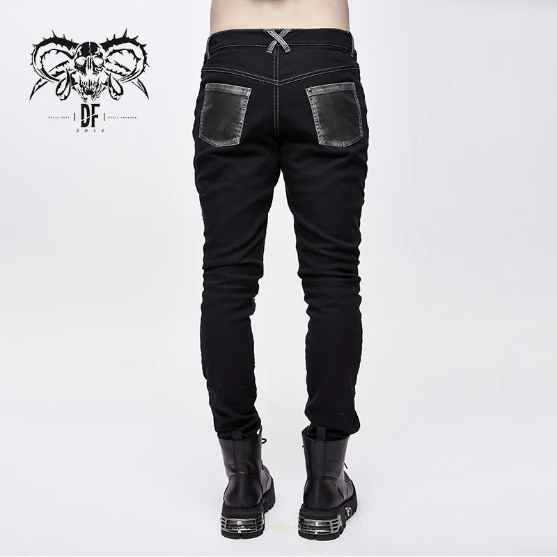 PT10401 designer punk contrast color hand rubbed leather men trousers with loops