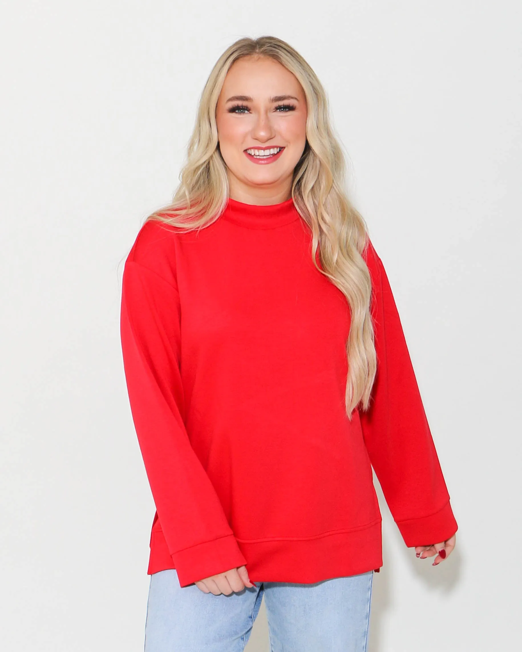 Red Solid Mock Neck Sweatshirts Top