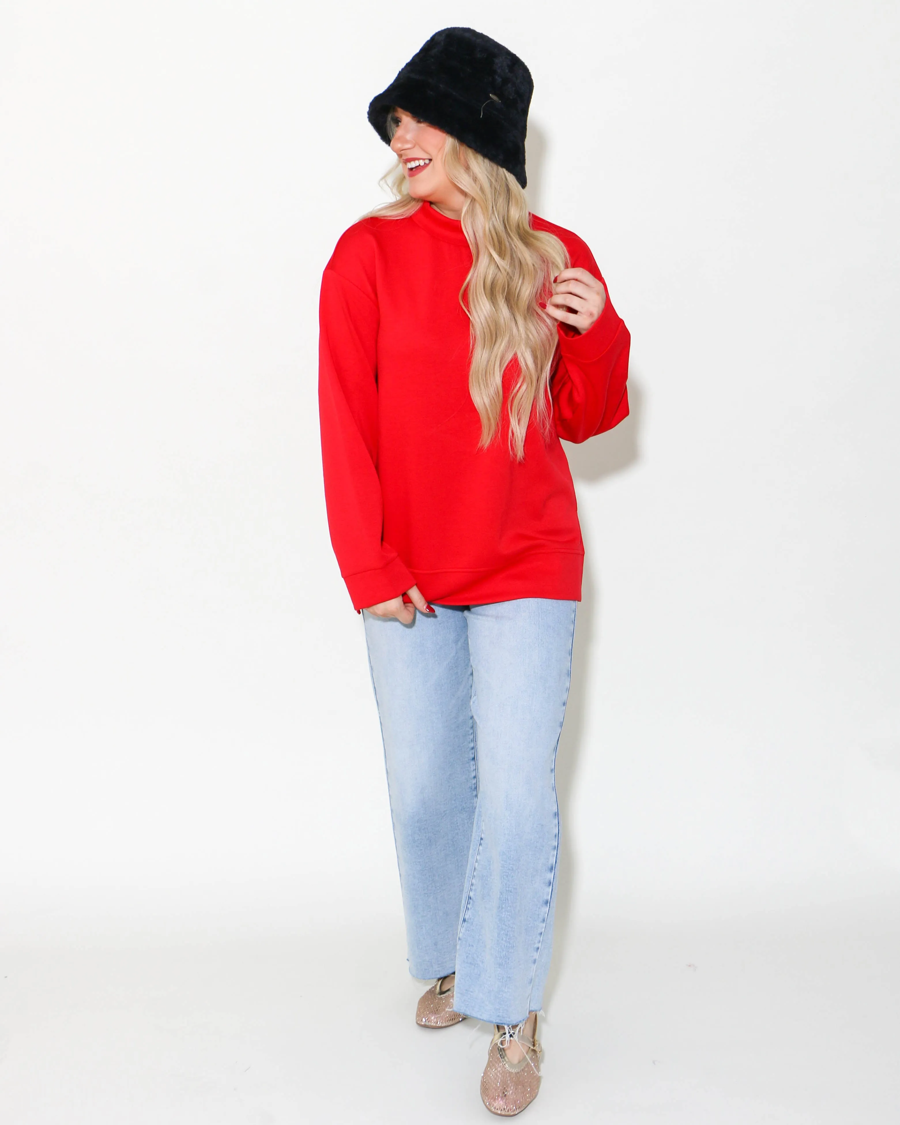 Red Solid Mock Neck Sweatshirts Top