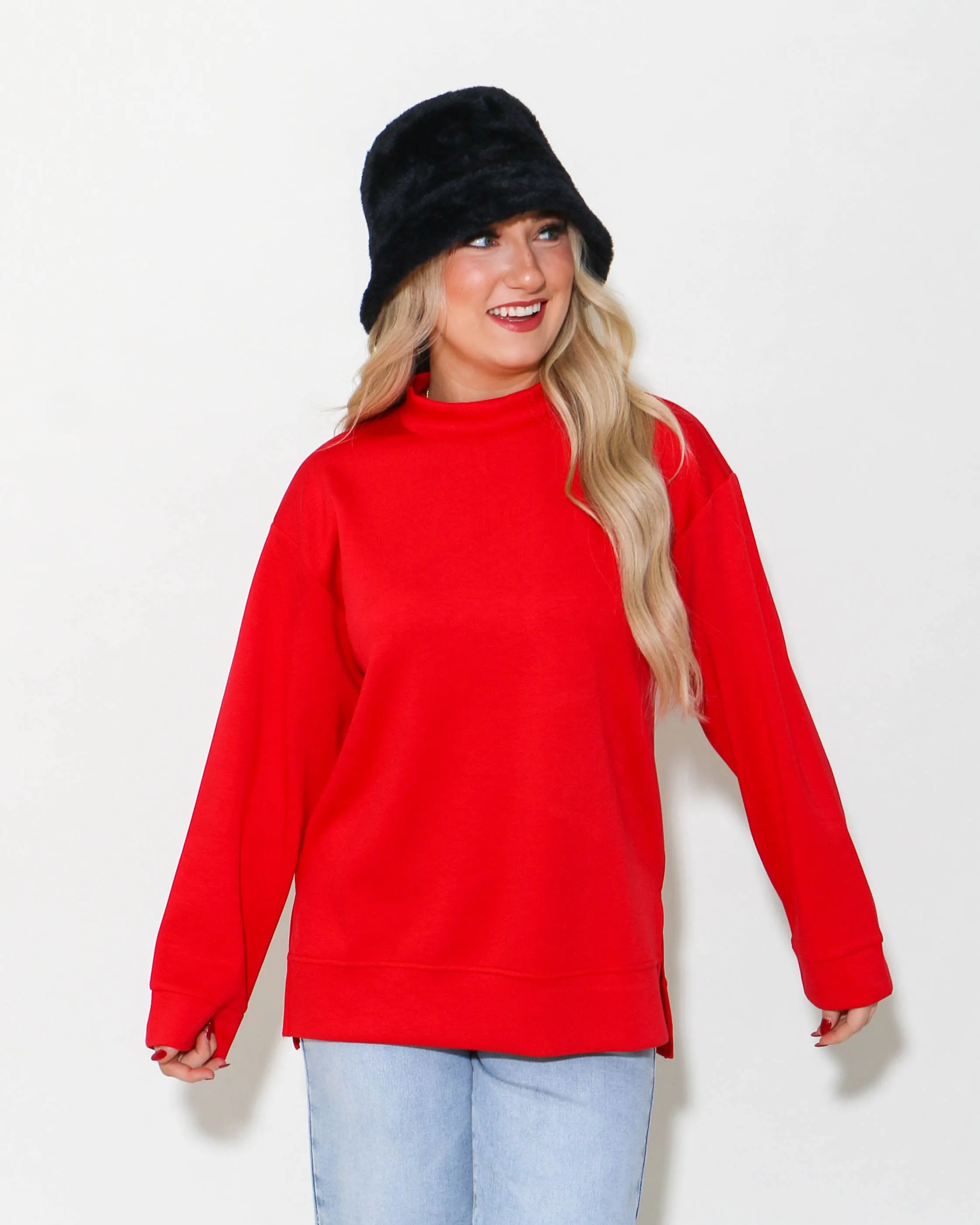 Red Solid Mock Neck Sweatshirts Top