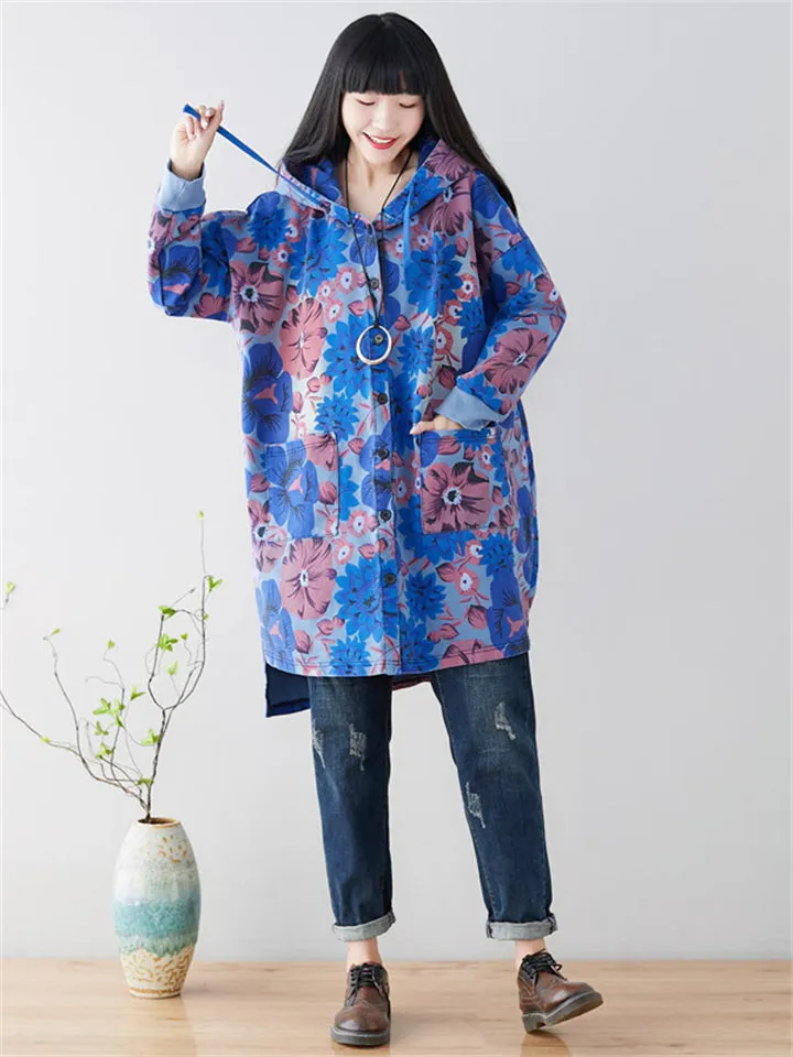 Retro Printed Drawstring Hooded Trench Jacket