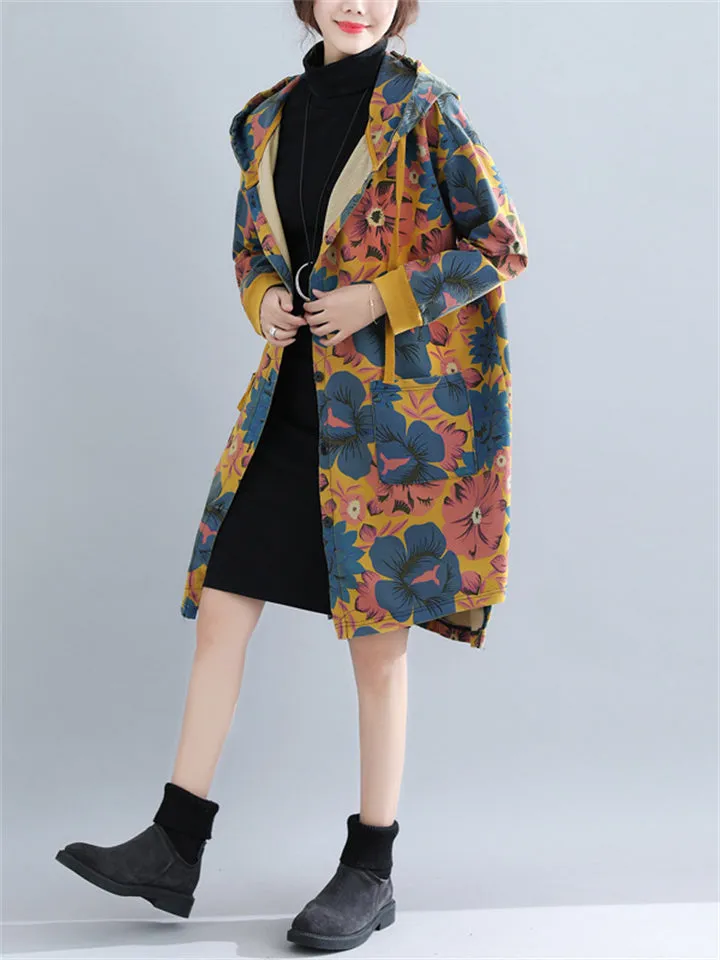 Retro Printed Drawstring Hooded Trench Jacket