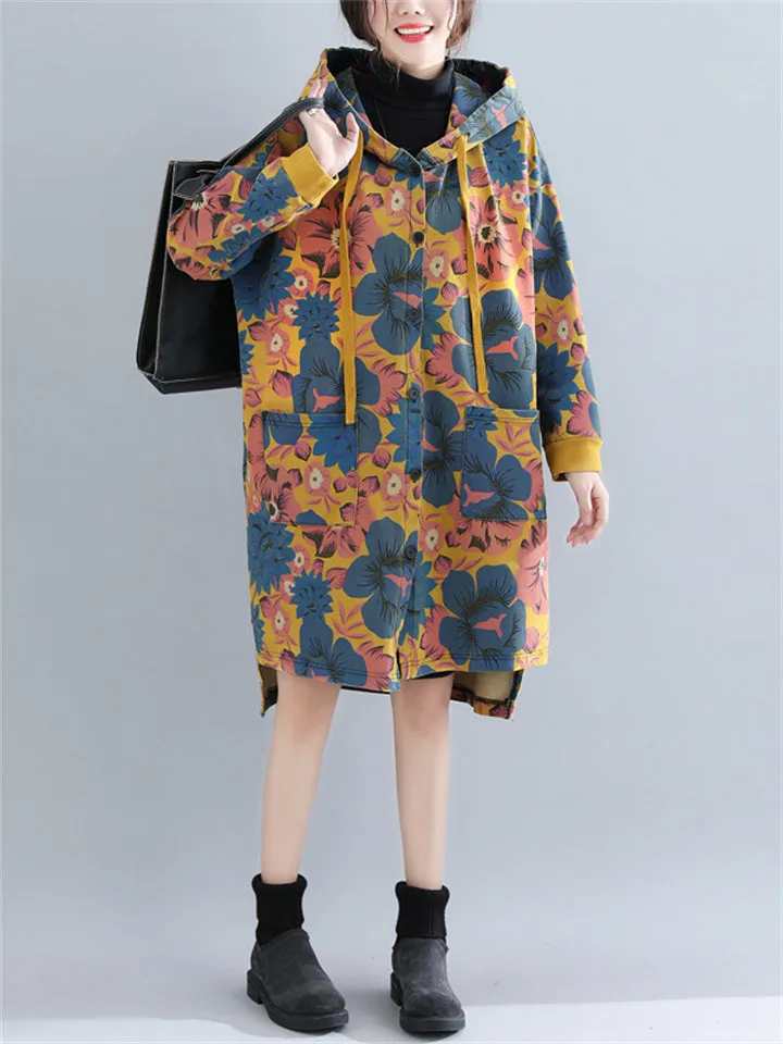 Retro Printed Drawstring Hooded Trench Jacket