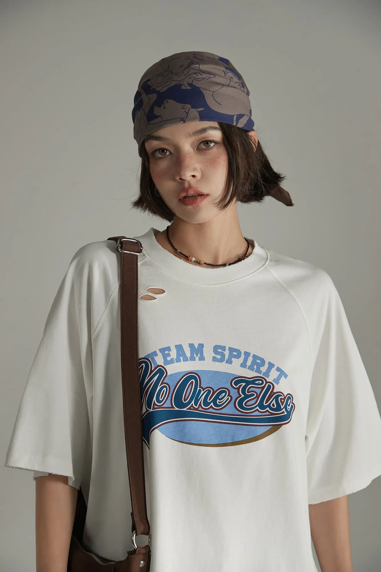 Ripped Sporty Printed Boxy T-Shirt