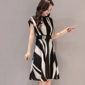 Short Sleeve Striped Summer Women Slimming Elegant Flare A-Line Dress