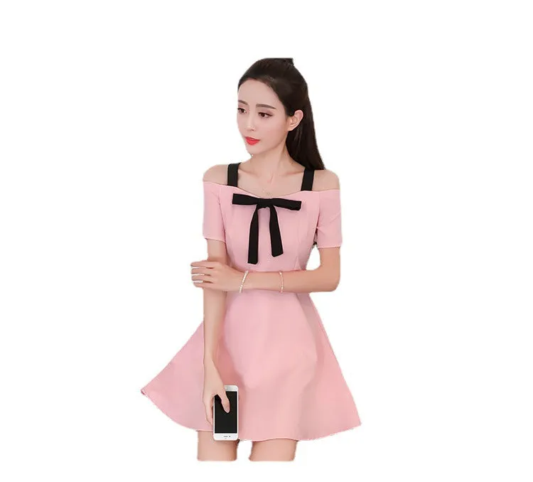 Slimming Slim-Look A-Line Spaghetti Strap Bare Shoulder Korean Tube Bow Elegant Dress