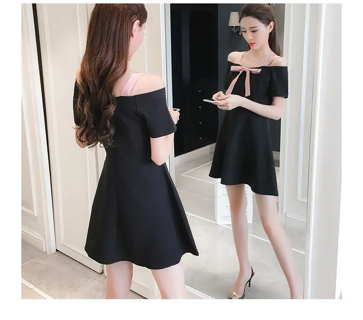 Slimming Slim-Look A-Line Spaghetti Strap Bare Shoulder Korean Tube Bow Elegant Dress