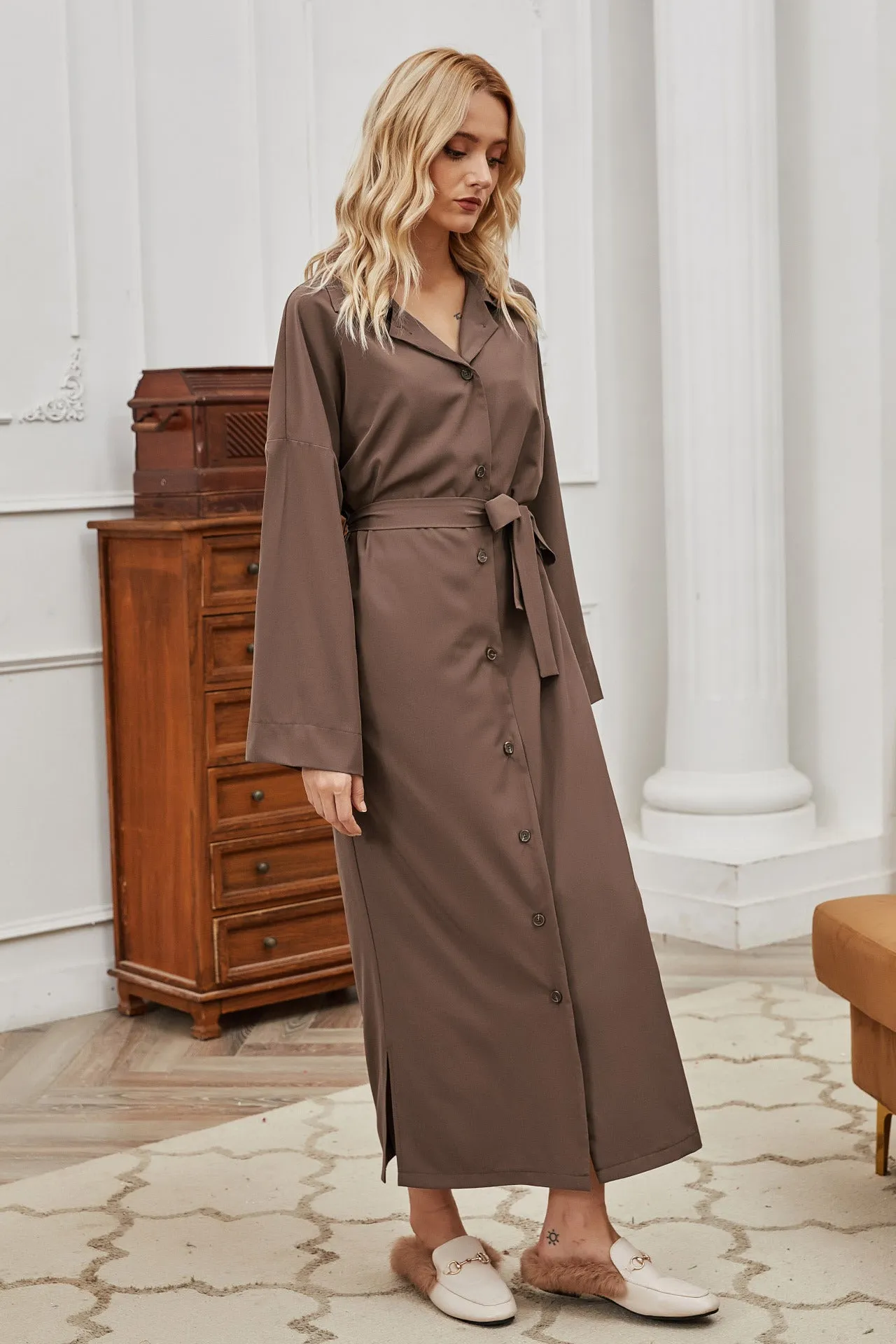 Solid Color Fashion Single Breasted Lapel Wide Swing Long Coats Wholesale Blazers With Belt