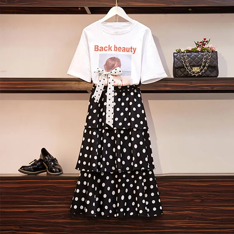 Summer Korean Short Sleeve T-Shirt Tops Women Poker Dot Dress Two-Piece Sets Trendy Chiffon Dress