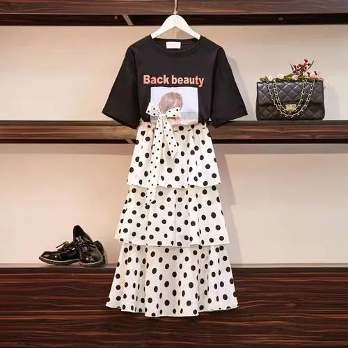 Summer Korean Short Sleeve T-Shirt Tops Women Poker Dot Dress Two-Piece Sets Trendy Chiffon Dress