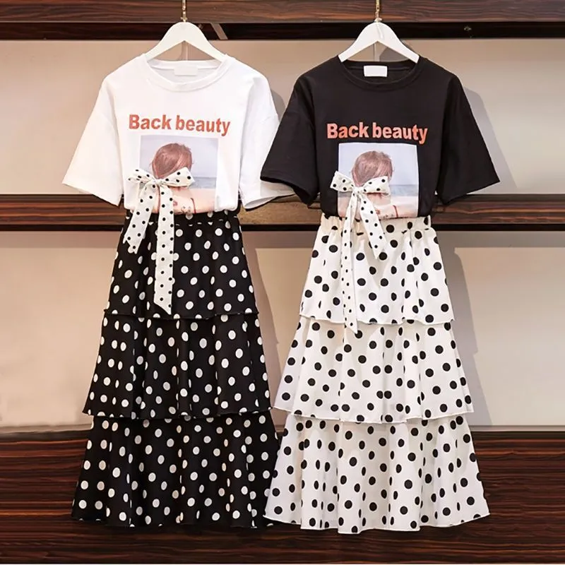 Summer Korean Short Sleeve T-Shirt Tops Women Poker Dot Dress Two-Piece Sets Trendy Chiffon Dress