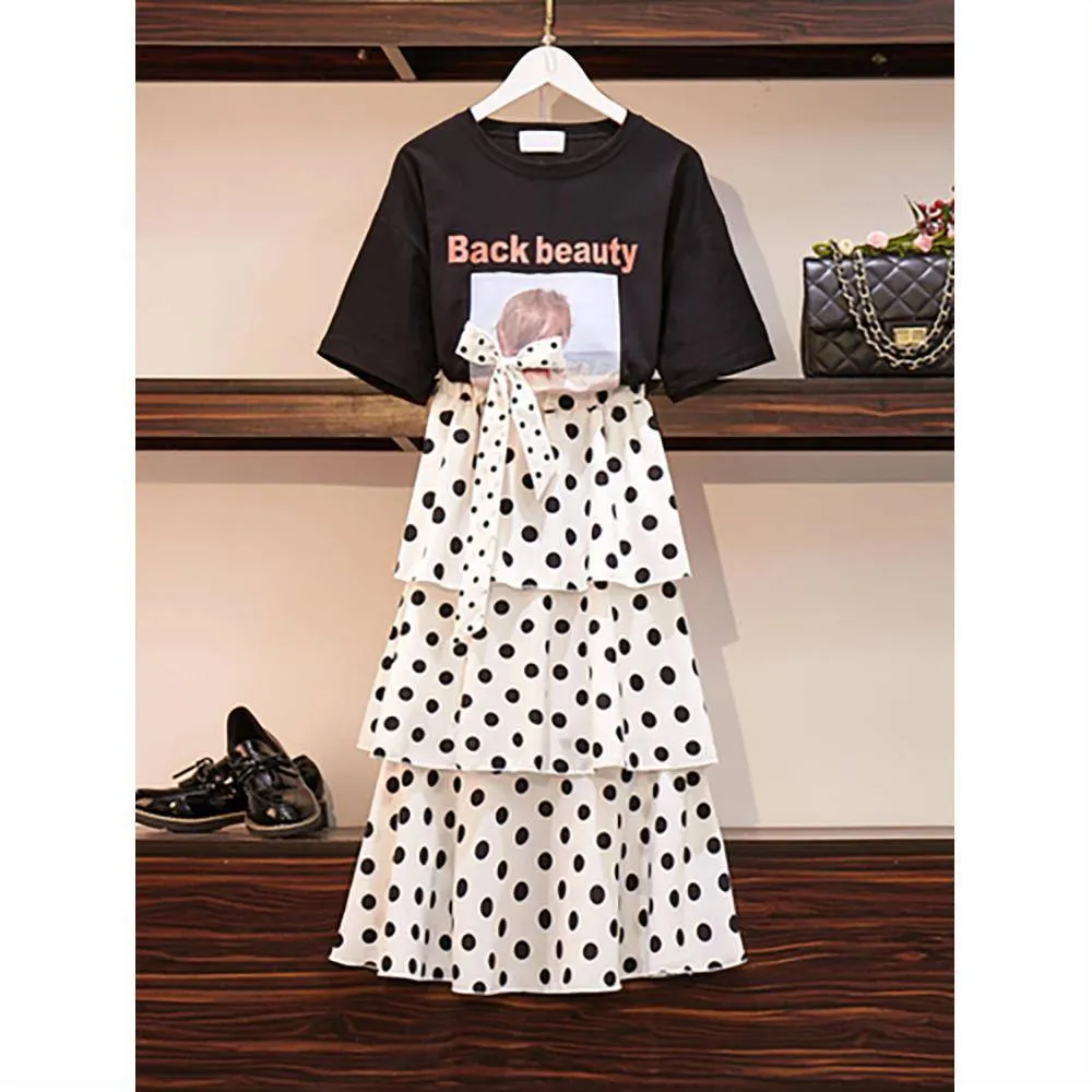 Summer Korean Short Sleeve T-Shirt Tops Women Poker Dot Dress Two-Piece Sets Trendy Chiffon Dress