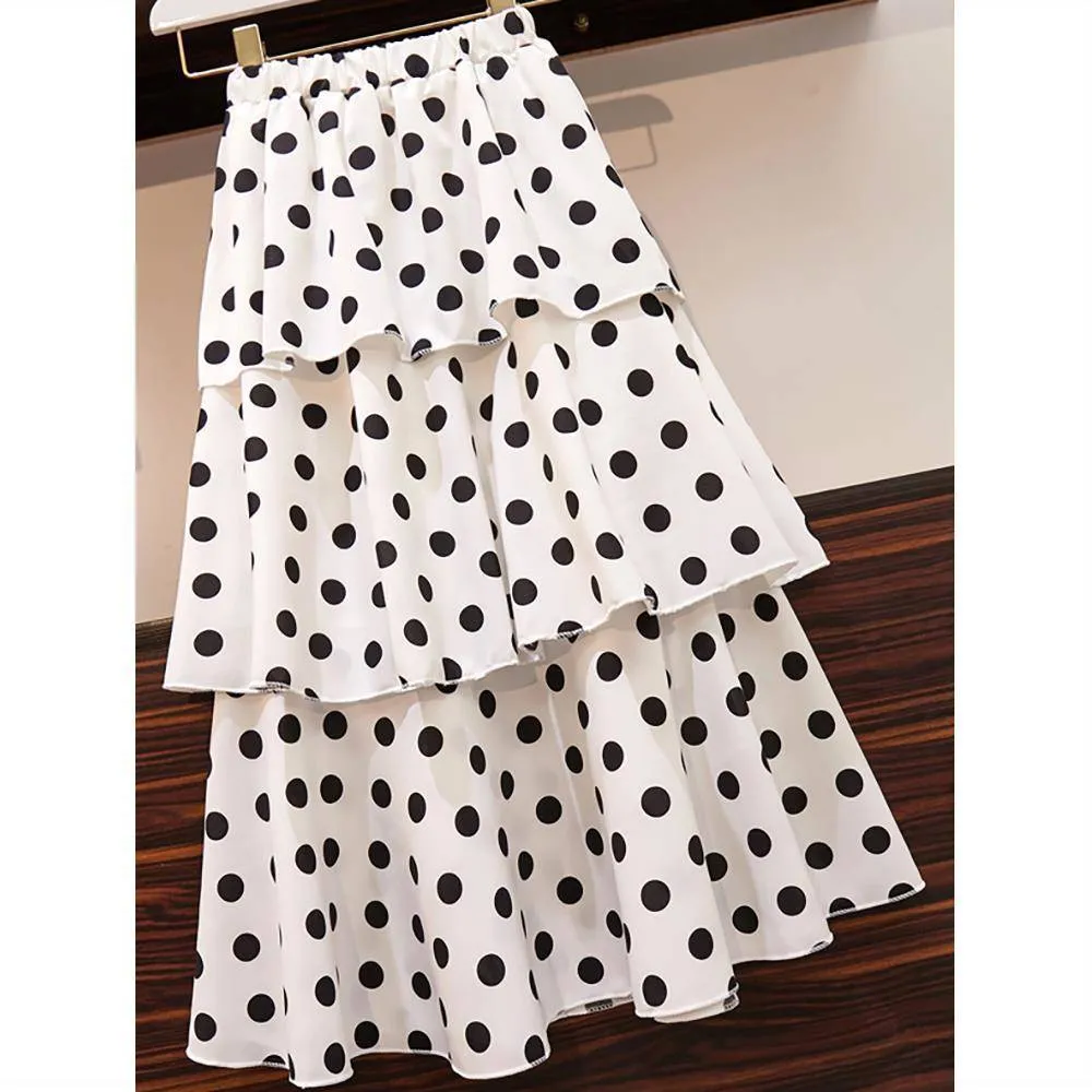 Summer Korean Short Sleeve T-Shirt Tops Women Poker Dot Dress Two-Piece Sets Trendy Chiffon Dress