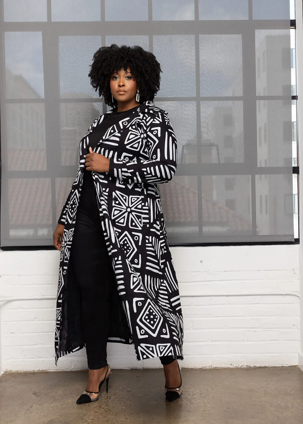 Taraji Women's African Print Maxi Trench Coat (Grayscale Tribal)