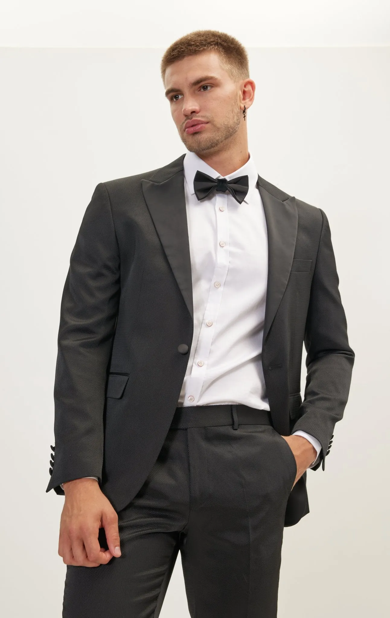 Textured Peak Lapel Tuxedo Jacket - Black