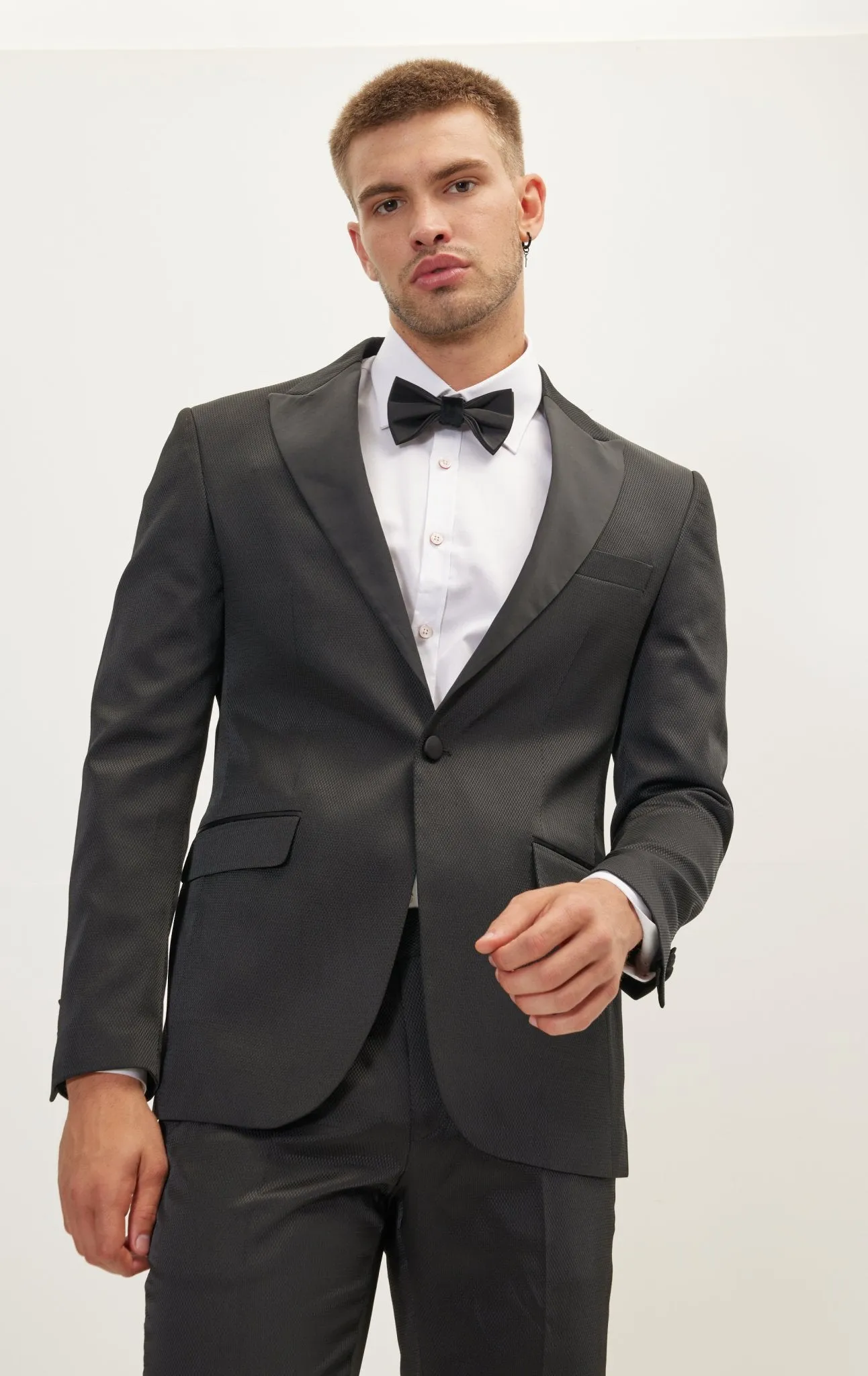 Textured Peak Lapel Tuxedo Jacket - Black