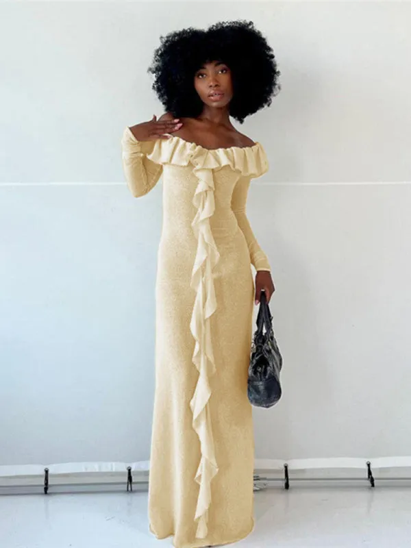 Vacation Textured Autumn Off Shoulder Ruffle Maxi Dress