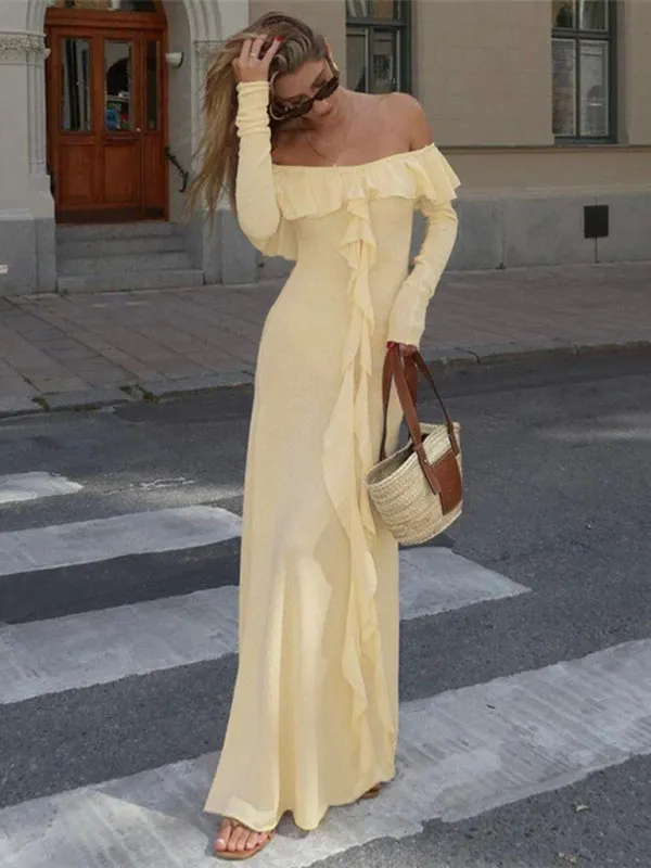 Vacation Textured Autumn Off Shoulder Ruffle Maxi Dress