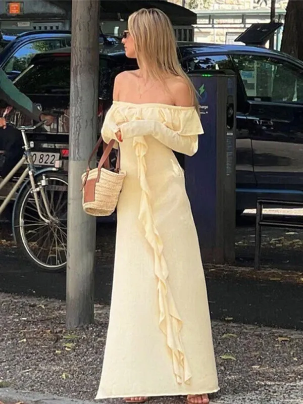 Vacation Textured Autumn Off Shoulder Ruffle Maxi Dress