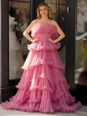 Vanessa |Pink Strapless A-Line Tiered Crinkled Tulle Prom Dress