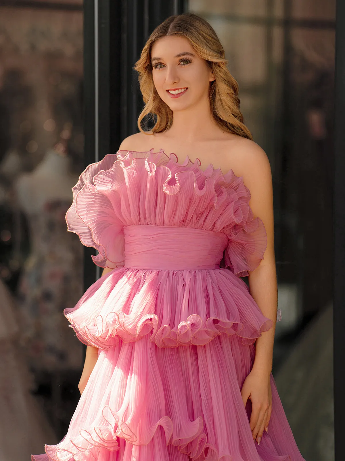 Vanessa |Pink Strapless A-Line Tiered Crinkled Tulle Prom Dress