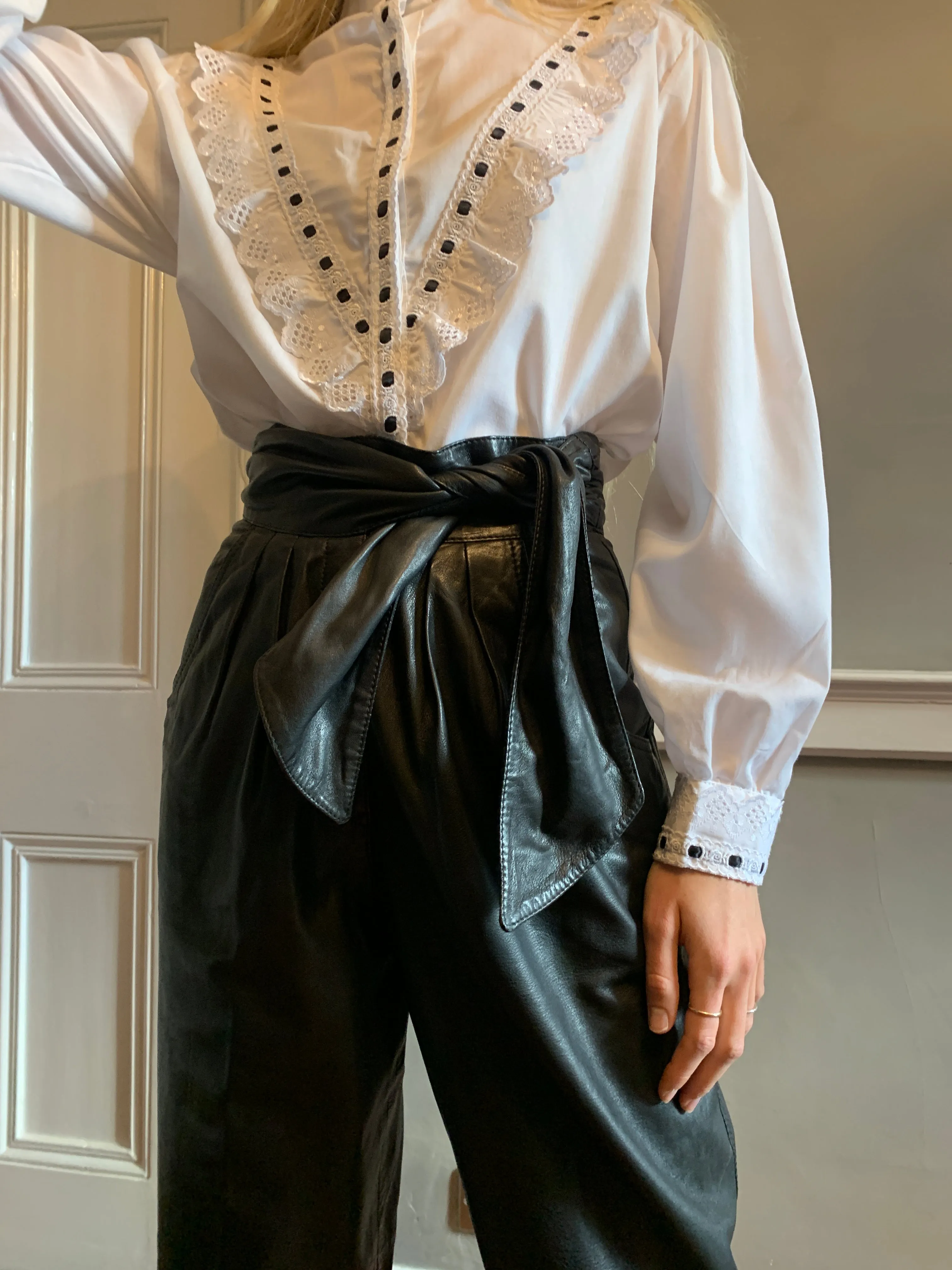 Vintage tie waist leather trousers