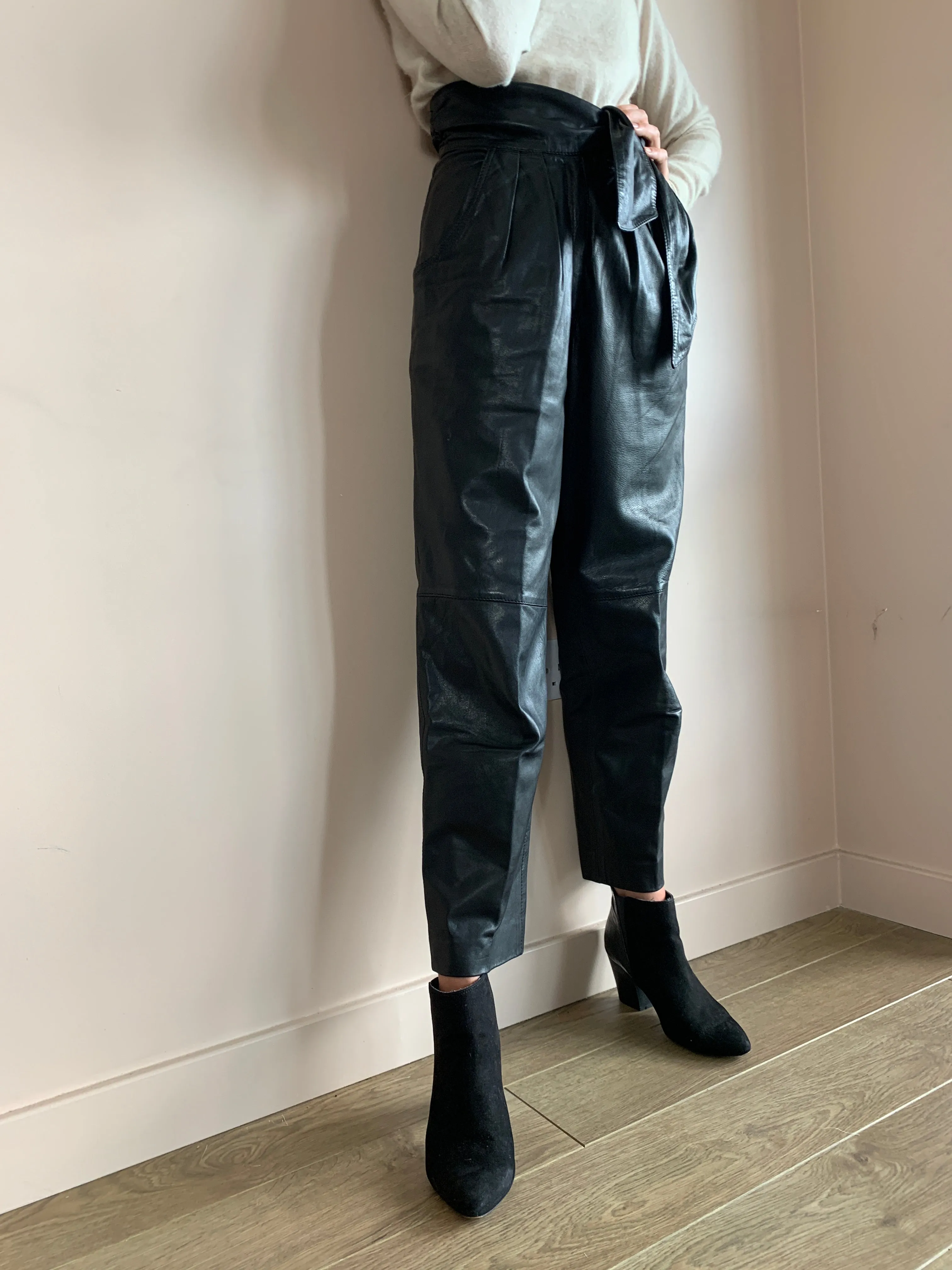 Vintage tie waist leather trousers