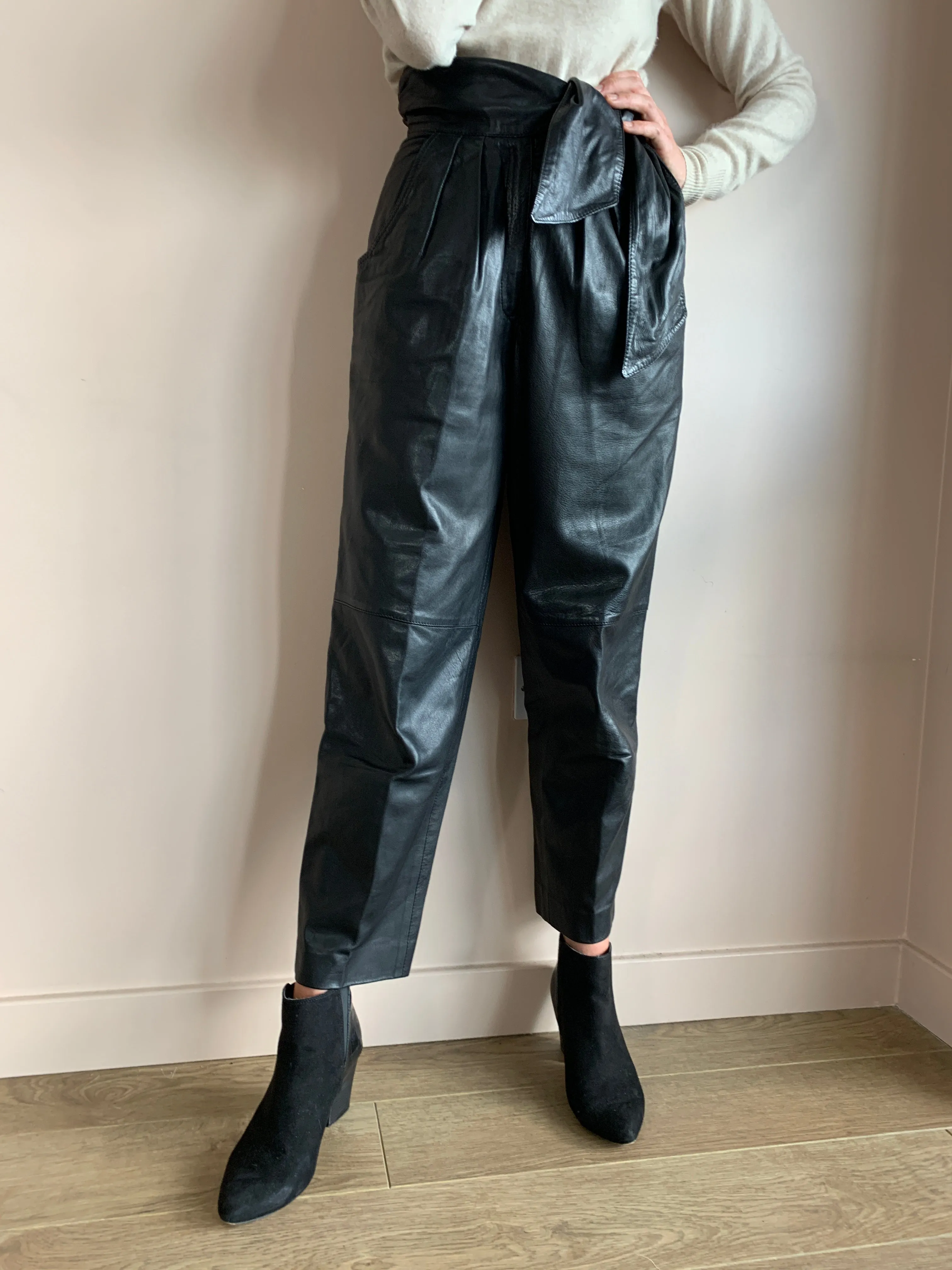 Vintage tie waist leather trousers