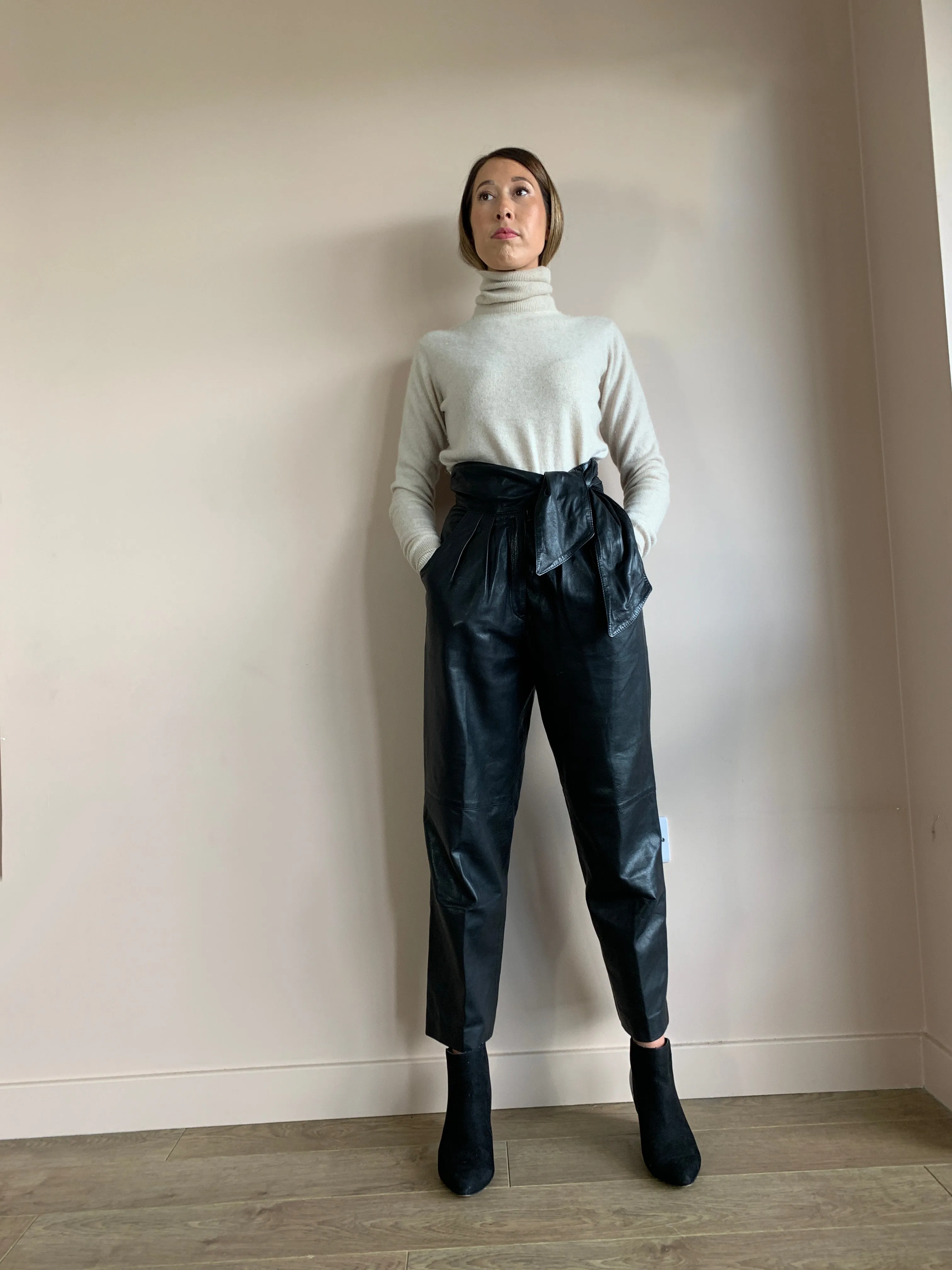 Vintage tie waist leather trousers