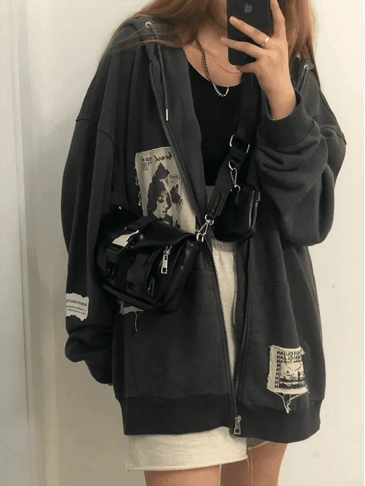 Wenkouban-Spring Casual Outfits Y2K Outfits Patchwork Oversized Zip Up Hoodie