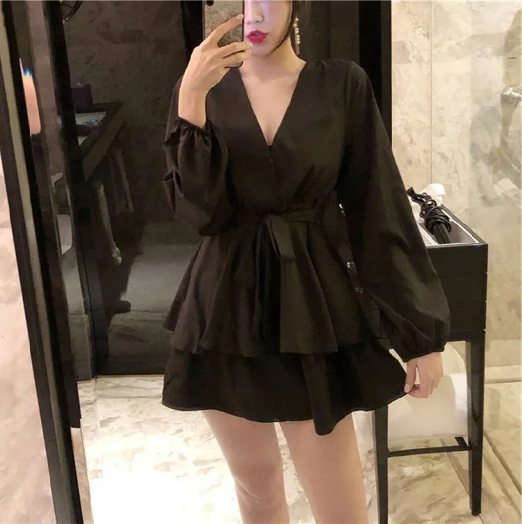 Women Loose High Waist Cross V-Neck Long Sleeved Strap Solid Colored Slim-Look A-Line Dress