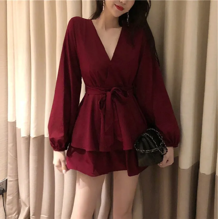 Women Loose High Waist Cross V-Neck Long Sleeved Strap Solid Colored Slim-Look A-Line Dress