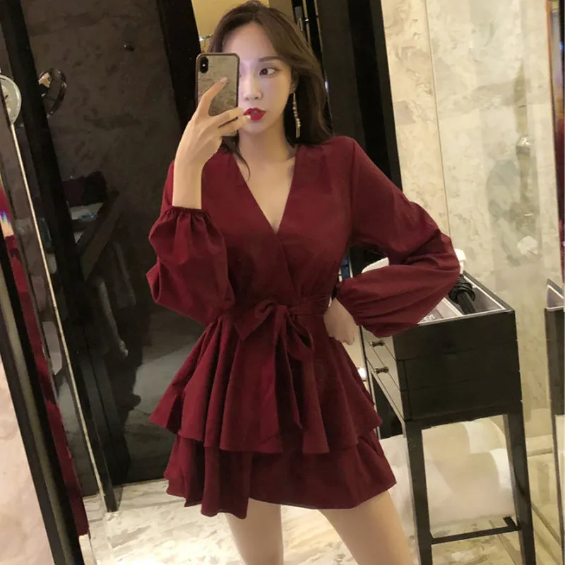 Women Loose High Waist Cross V-Neck Long Sleeved Strap Solid Colored Slim-Look A-Line Dress