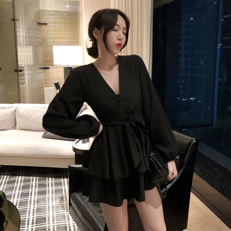 Women Loose High Waist Cross V-Neck Long Sleeved Strap Solid Colored Slim-Look A-Line Dress