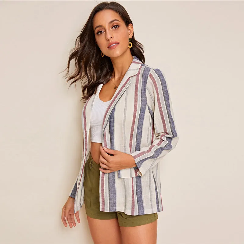 Women's Spring/Summer Casual Striped Blazer With Pockets