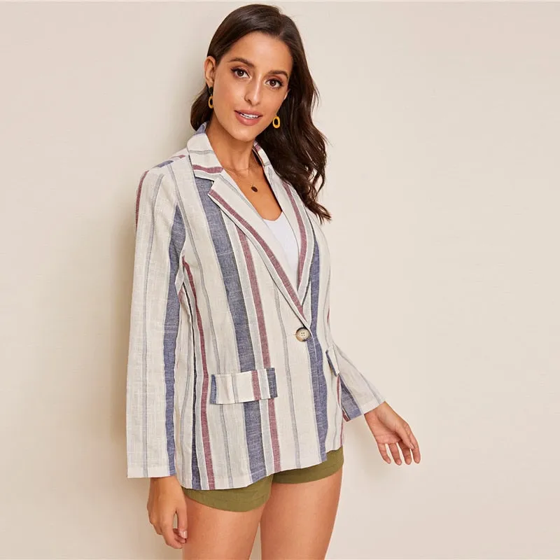 Women's Spring/Summer Casual Striped Blazer With Pockets